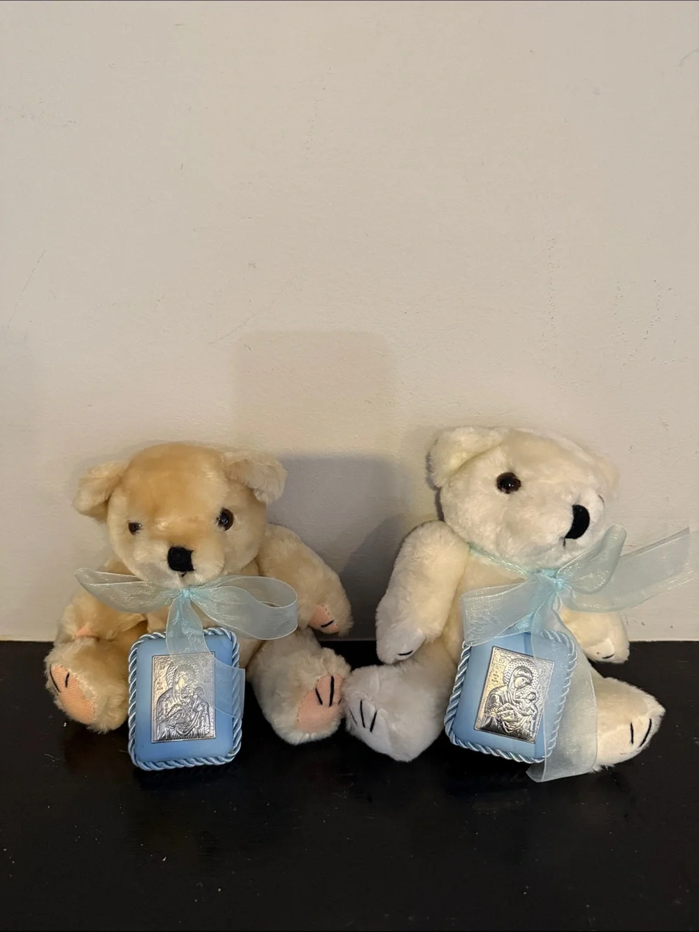 Plush Baby Bear Gift Set with Blue Ribbon - Cream and White